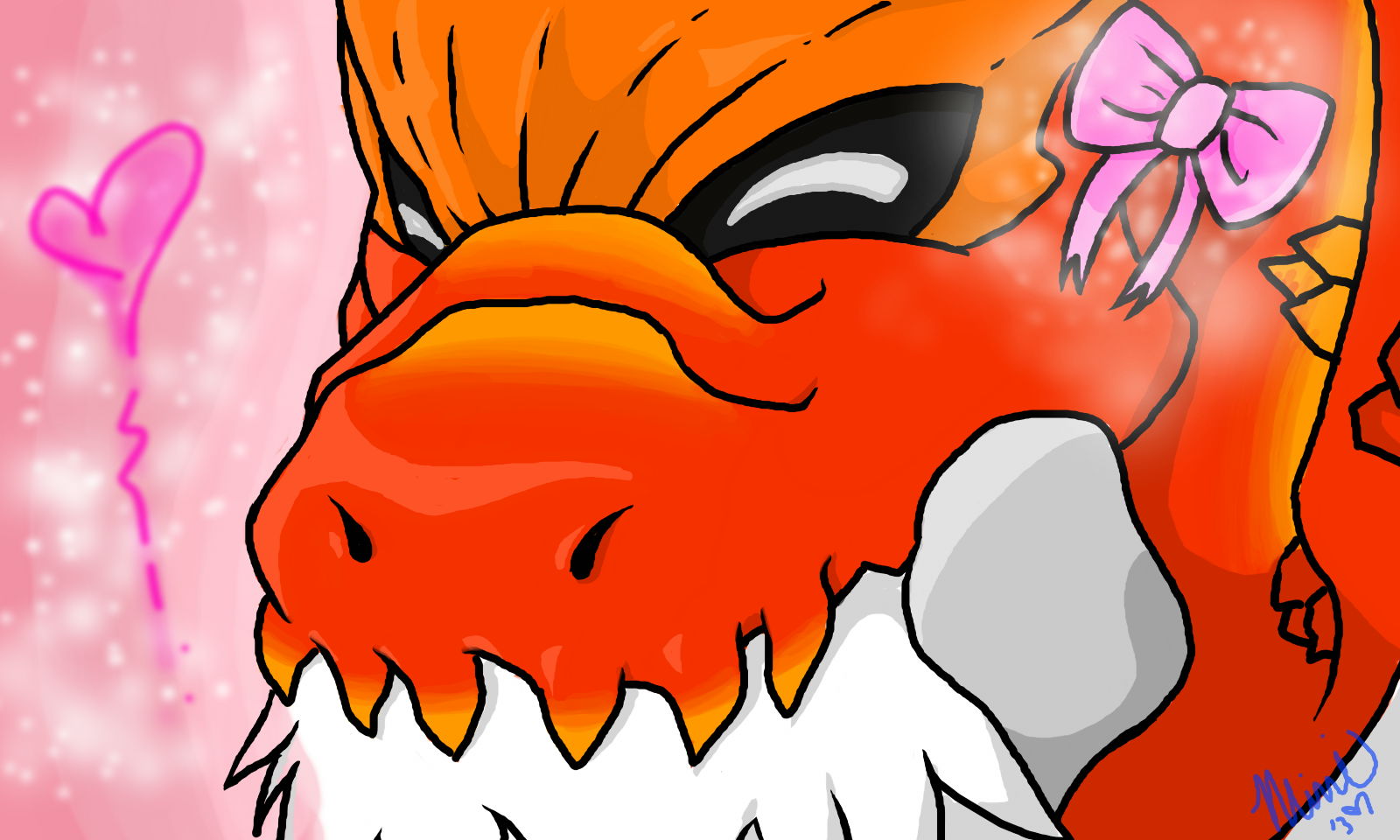 Tyrantrum with a bow drawn on the 3DS uwu